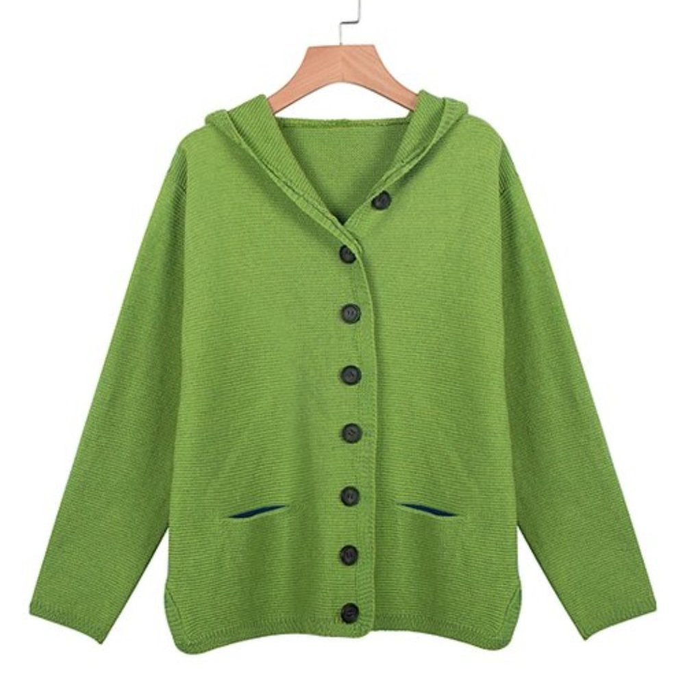 NWT Green Hooded Knit Button Cardigan Sweater Contrasting front pockets …